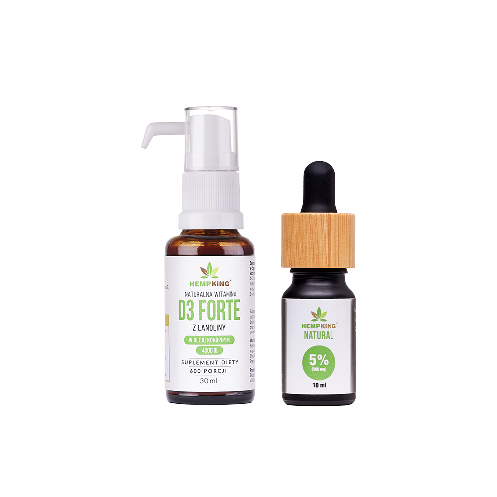 Zestaw: Witamina D3 Forte w oleju konopnym + olej CBD 5% + CBDA, CBC, CBGA, CBG, CBDV, CBN Natural 500 mg